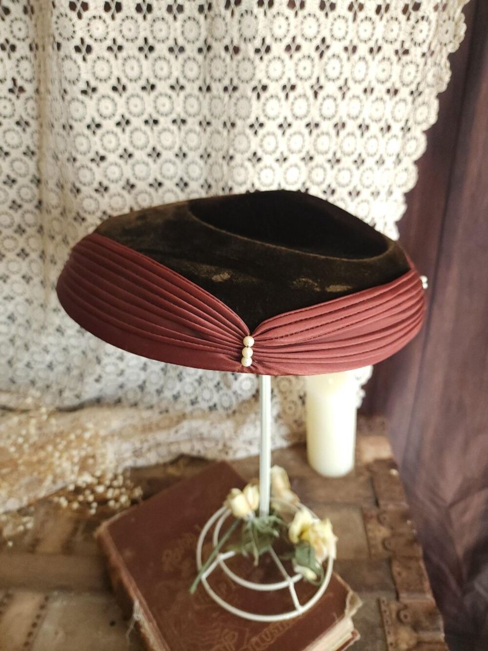 Vintage 1940s Mushroom Tilt Hat With Faux Pearl Trim, Brown Velvet and Satin Mil